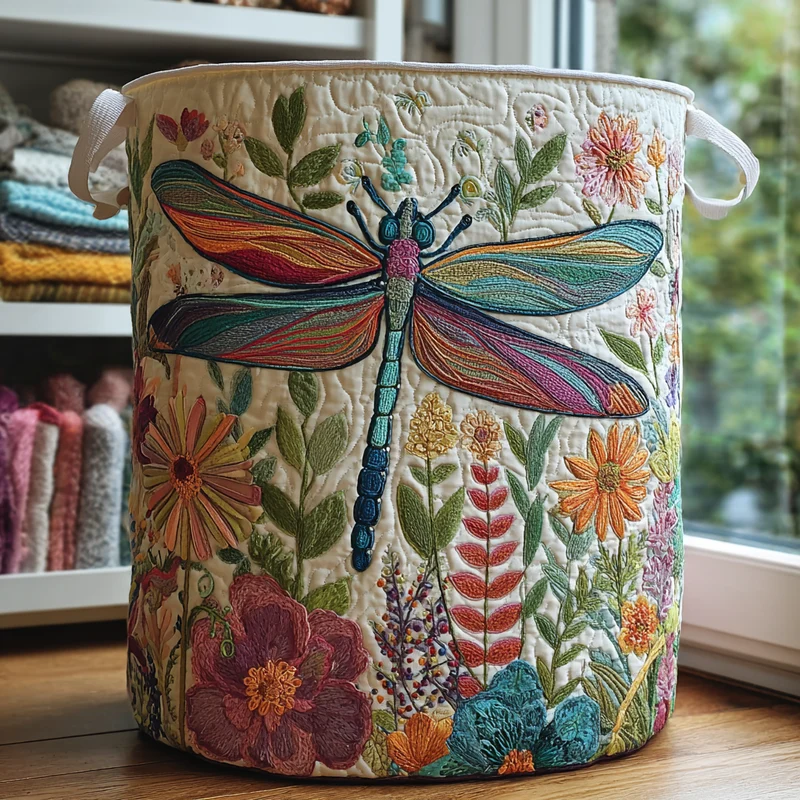 Dragonfly and Flowers | Handmade Laundry Basket