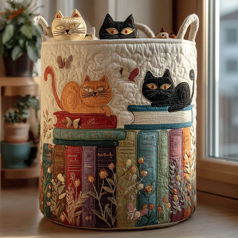 Cat and Books | Handmade Laundry Basket