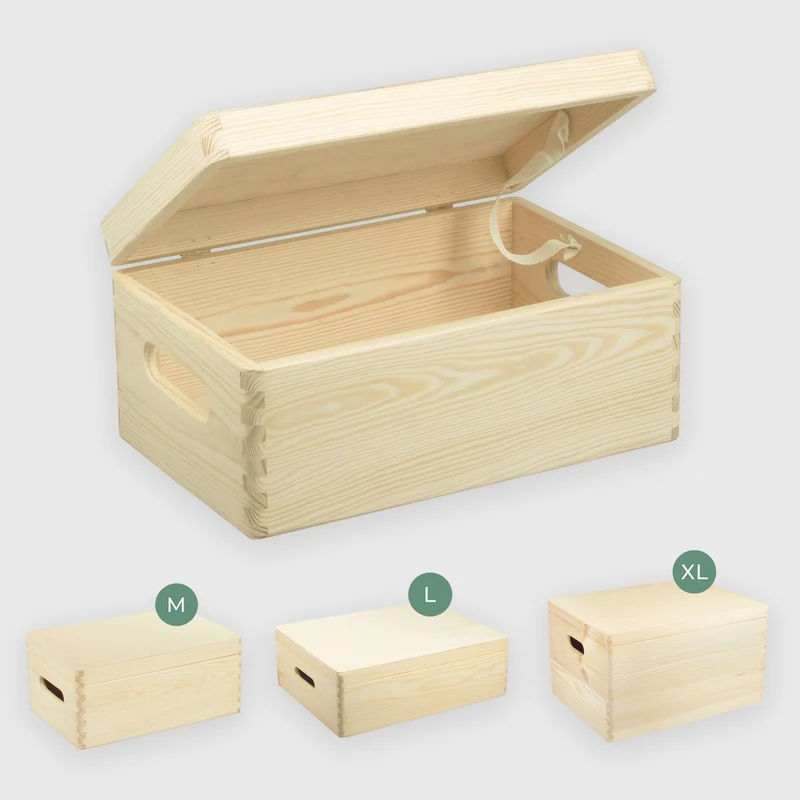 Boîte en bois avec couvercle et poignées – M/L/XL – Naturel, FSC® – Coffret de rangement – Boîte à souvenirs et décoration