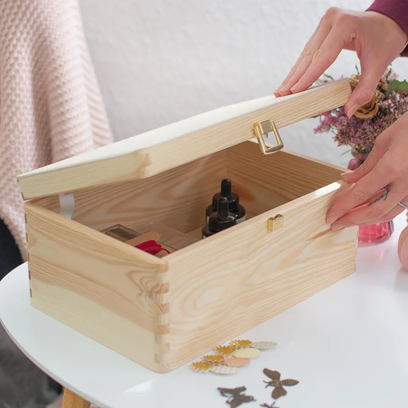 Boîte en bois avec couvercle et fermeture en métal – S/M/L/XL - Naturel – Coffret de rangement, FSC®