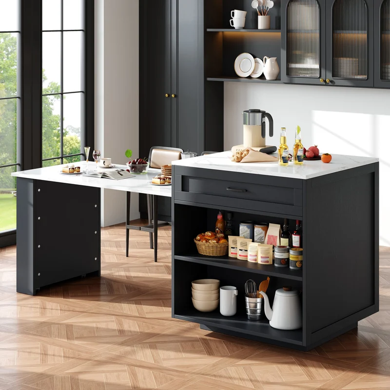 Pericardia Table de bar extensible 133-202x70x93,5cm en MDF noir avec rangements – Îlot de cuisine multifonction pour 2 à 6 personnes