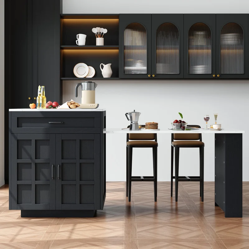 Pericardia Table de bar extensible 133-202x70x93,5cm en MDF noir avec rangements – Îlot de cuisine multifonction pour 2 à 6 personnes