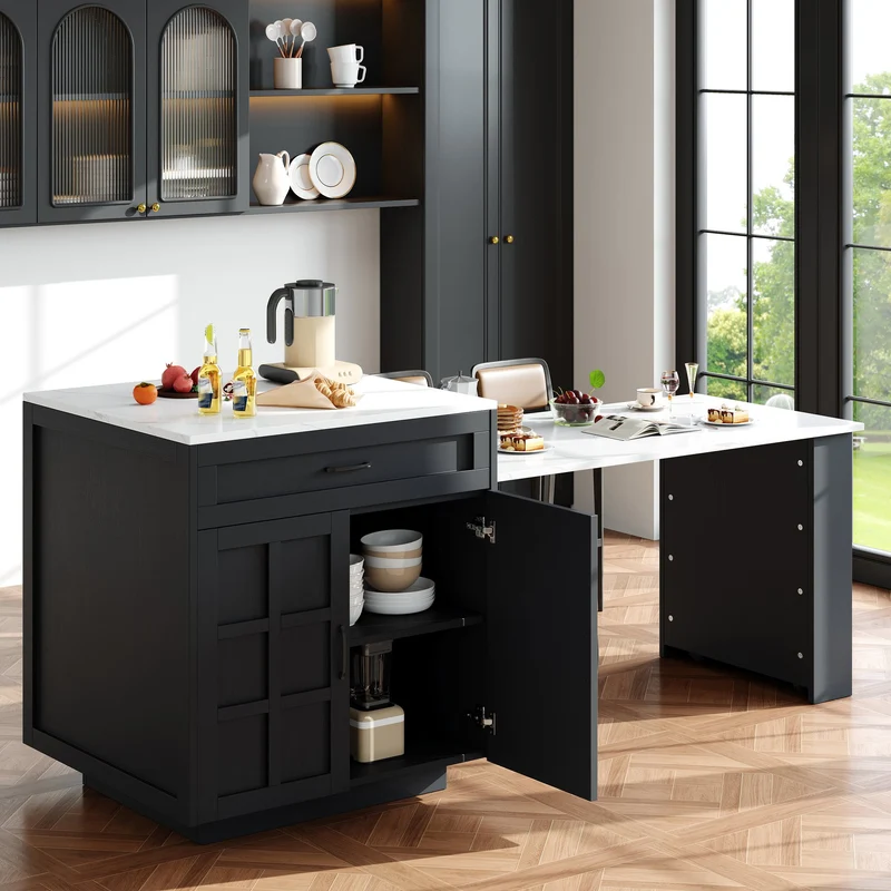 Pericardia Table de bar extensible 133-202x70x93,5cm en MDF noir avec rangements – Îlot de cuisine multifonction pour 2 à 6 personnes