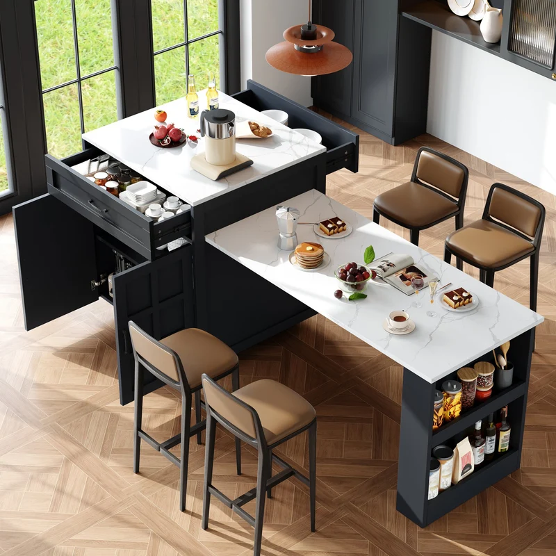 Pericardia Table de bar extensible 133-202x70x93,5cm en MDF noir avec rangements – Îlot de cuisine multifonction pour 2 à 6 personnes