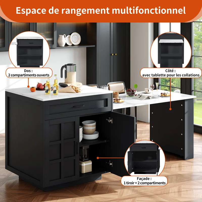 Pericardia Table de bar extensible 133-202x70x93,5cm en MDF noir avec rangements – Îlot de cuisine multifonction pour 2 à 6 personnes