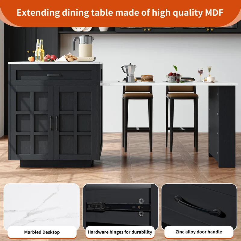 Pericardia Table de bar extensible 133-202x70x93,5cm en MDF noir avec rangements – Îlot de cuisine multifonction pour 2 à 6 personnes