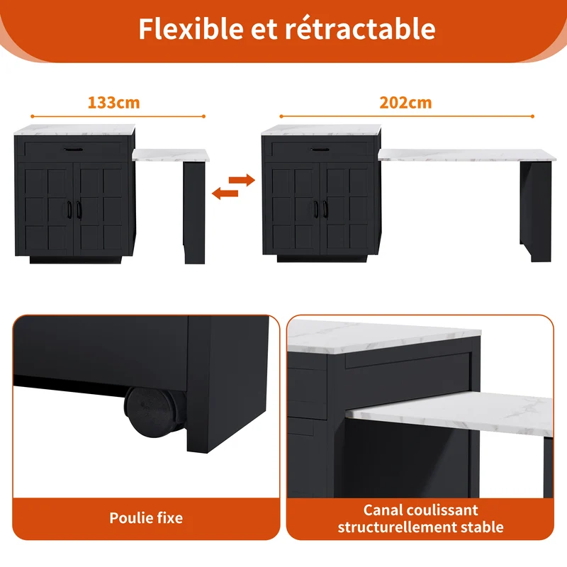 Pericardia Table de bar extensible 133-202x70x93,5cm en MDF noir avec rangements – Îlot de cuisine multifonction pour 2 à 6 personnes