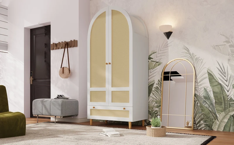 Despairs Armoire penderie 80x50x180 cm bois blanc style rotin, design arqué, avec tiroir et tringle