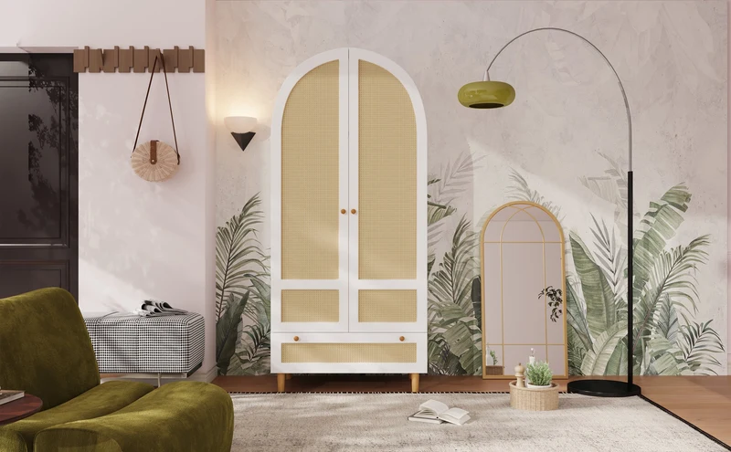 Despairs Armoire penderie 80x50x180 cm bois blanc style rotin, design arqué, avec tiroir et tringle