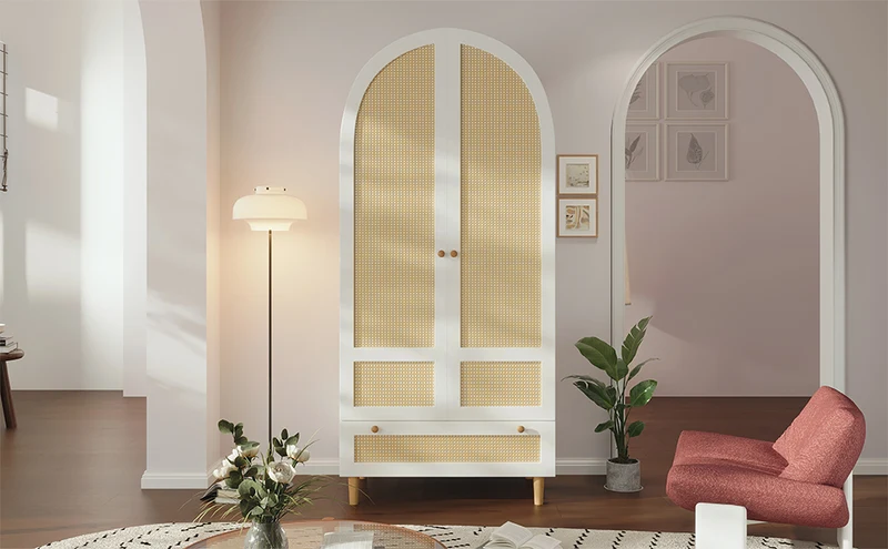 Despairs Armoire penderie 80x50x180 cm bois blanc style rotin, design arqué, avec tiroir et tringle