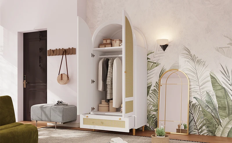 Despairs Armoire penderie 80x50x180 cm bois blanc style rotin, design arqué, avec tiroir et tringle