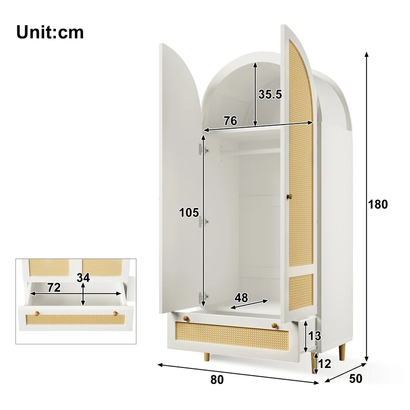 Despairs Armoire penderie 80x50x180 cm bois blanc style rotin, design arqué, avec tiroir et tringle