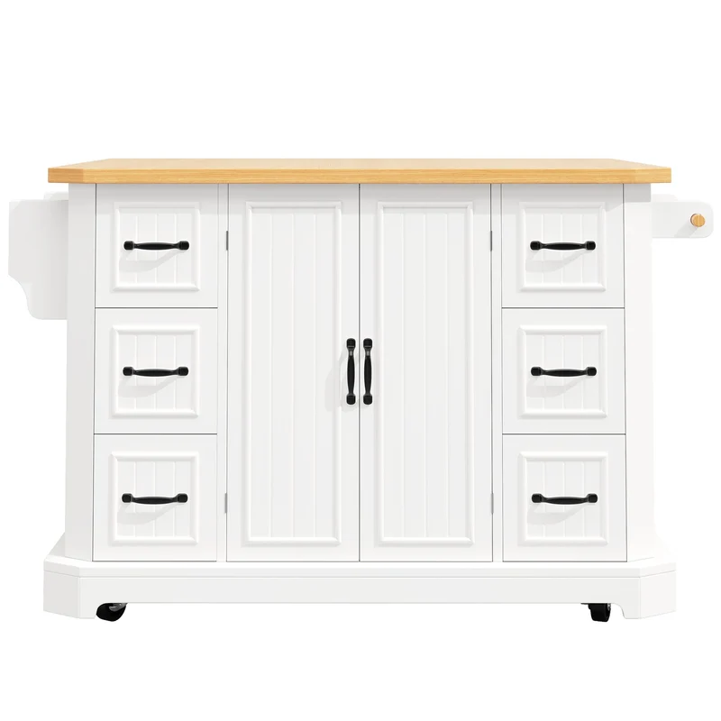 Oligospermia Îlot de cuisine mobile 120x45x91 cm, MDF blanc/noir, 2 portes, 6 tiroirs, style moderne, grande capacité