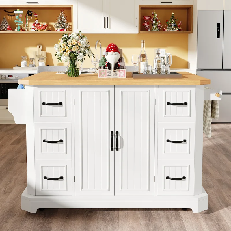 Oligospermia Îlot de cuisine mobile 120x45x91 cm, MDF blanc/noir, 2 portes, 6 tiroirs, style moderne, grande capacité