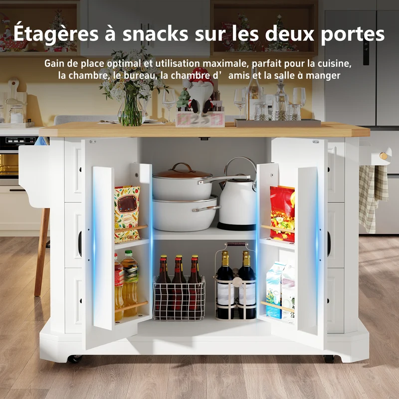 Oligospermia Îlot de cuisine mobile 120x45x91 cm, MDF blanc/noir, 2 portes, 6 tiroirs, style moderne, grande capacité
