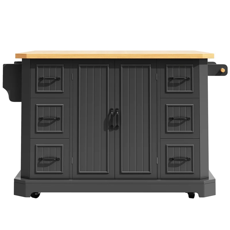Mesochroic Îlot de cuisine mobile 120x45x91 cm, MDF métal, blanc/noir, 2 portes, 6 tiroirs, style moderne