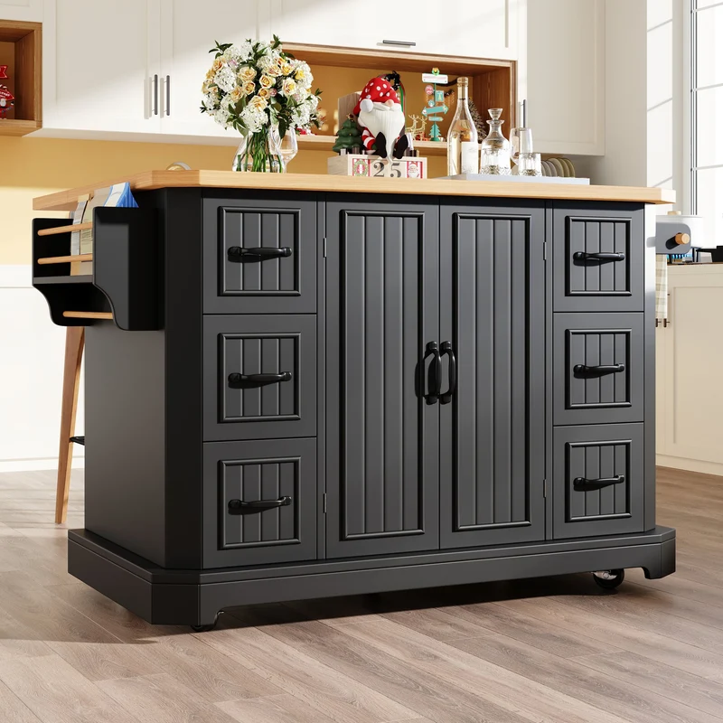 Mesochroic Îlot de cuisine mobile 120x45x91 cm, MDF métal, blanc/noir, 2 portes, 6 tiroirs, style moderne