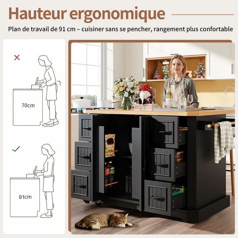 Mesochroic Îlot de cuisine mobile 120x45x91 cm, MDF métal, blanc/noir, 2 portes, 6 tiroirs, style moderne
