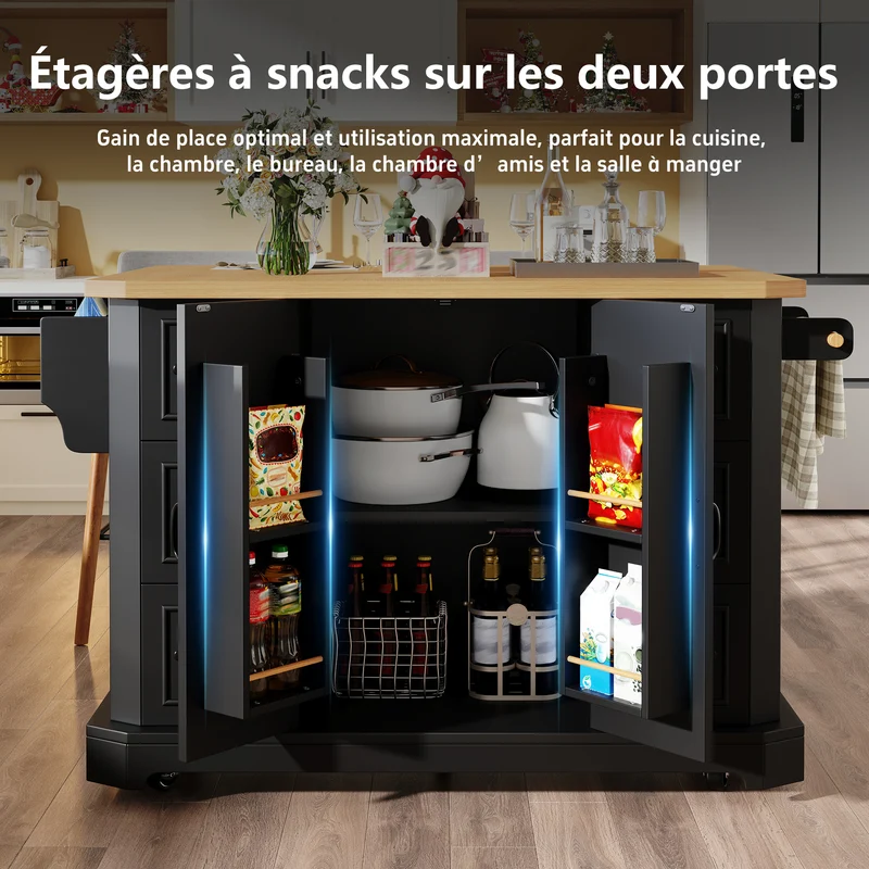 Mesochroic Îlot de cuisine mobile 120x45x91 cm, MDF métal, blanc/noir, 2 portes, 6 tiroirs, style moderne