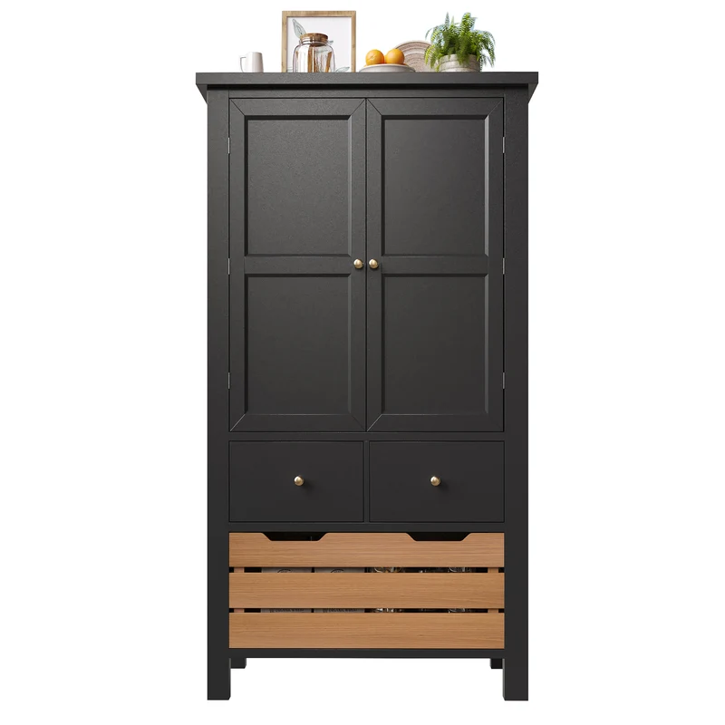Tomomania Buffet de cuisine haut 80x40x140cm noir/blanc – Armoire de rangement multifonction en MDF, 5 tiroirs, 2 portes, style rétro moderne