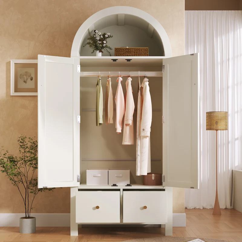 Chairmaned Armoire 181x78x45 cm en bois blanc avec portes en rotin, style campagne, 2 tiroirs et penderie