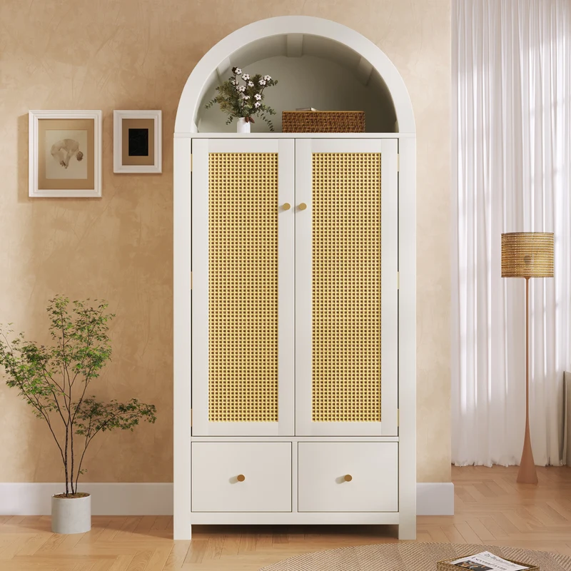 Chairmaned Armoire 181x78x45 cm en bois blanc avec portes en rotin, style campagne, 2 tiroirs et penderie