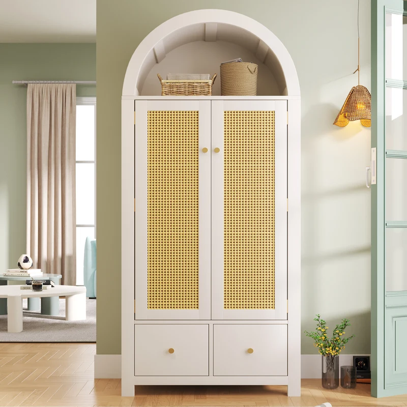 Chairmaned Armoire 181x78x45 cm en bois blanc avec portes en rotin, style campagne, 2 tiroirs et penderie