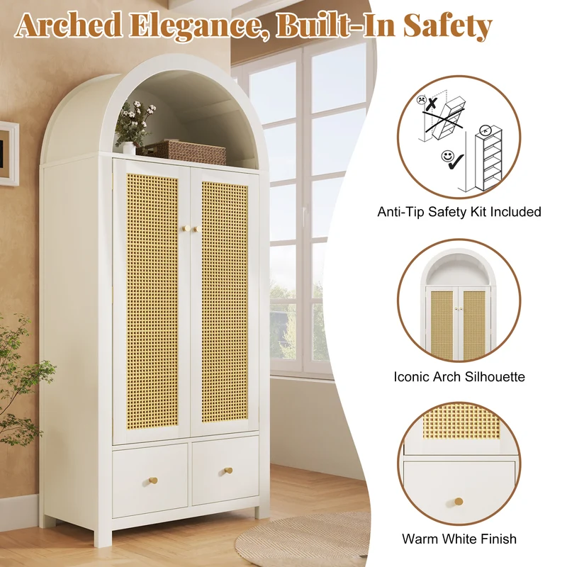 Chairmaned Armoire 181x78x45 cm en bois blanc avec portes en rotin, style campagne, 2 tiroirs et penderie