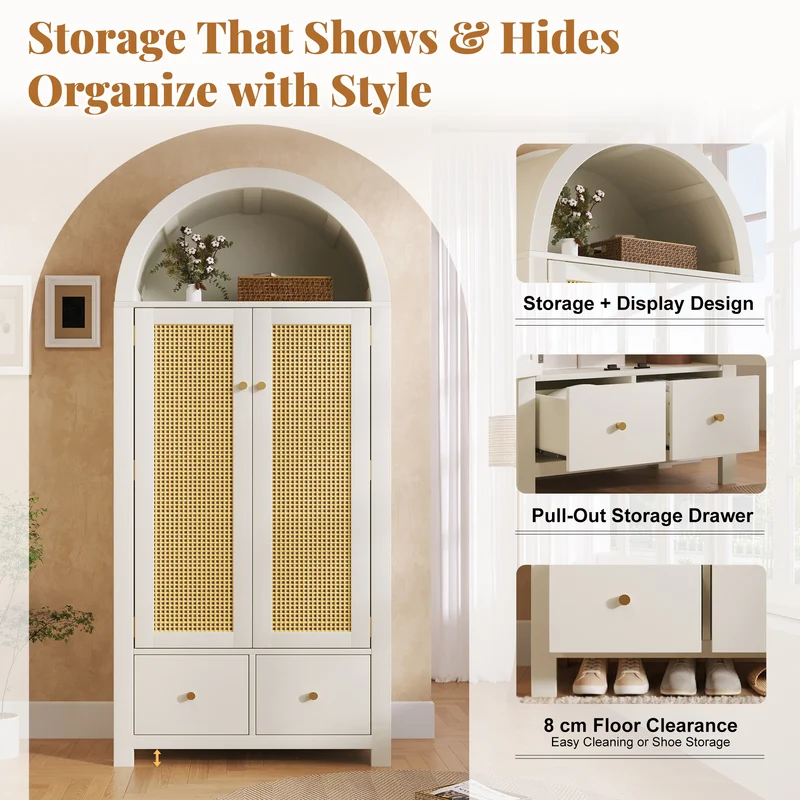 Chairmaned Armoire 181x78x45 cm en bois blanc avec portes en rotin, style campagne, 2 tiroirs et penderie