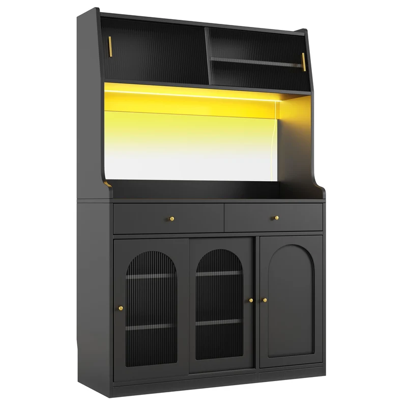 Alcoholometrical Buffet Haut 120x40x180 cm Noir avec LED, Vitrine Moderne en MDF, Rangement Cuisine avec Étagères Réglables et 2 Tiroirs
