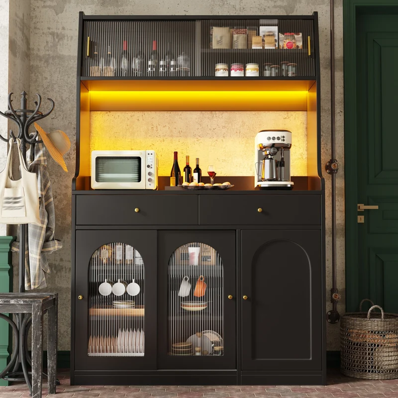 Alcoholometrical Buffet Haut 120x40x180 cm Noir avec LED, Vitrine Moderne en MDF, Rangement Cuisine avec Étagères Réglables et 2 Tiroirs