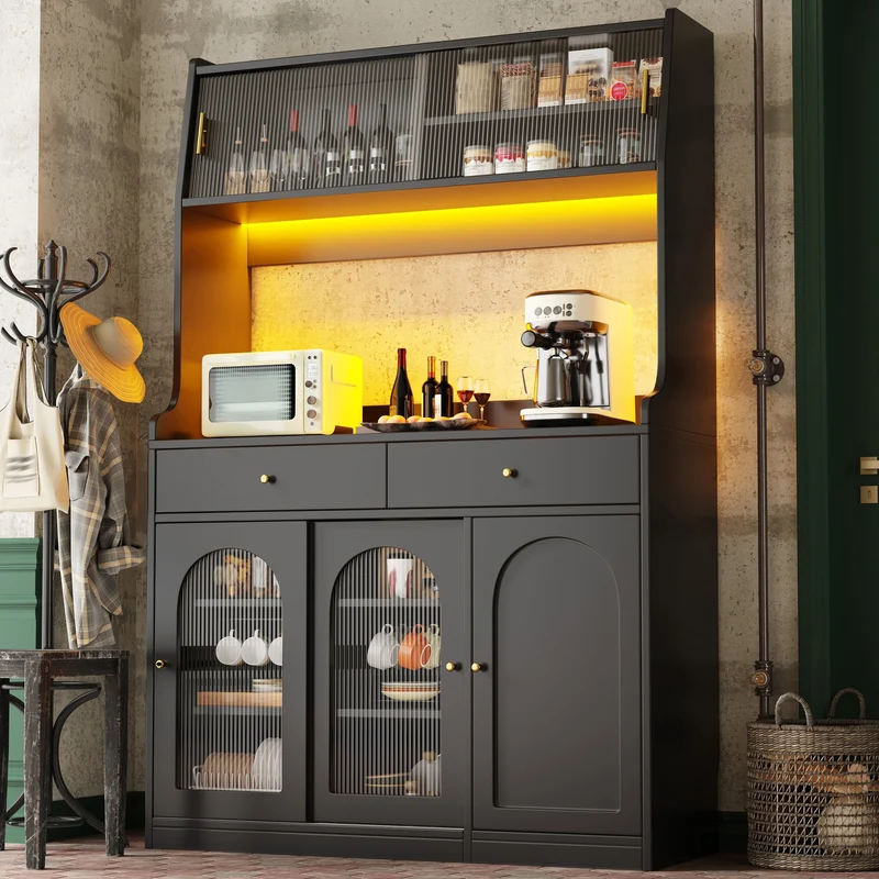 Alcoholometrical Buffet Haut 120x40x180 cm Noir avec LED, Vitrine Moderne en MDF, Rangement Cuisine avec Étagères Réglables et 2 Tiroirs