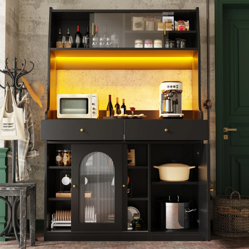 Alcoholometrical Buffet Haut 120x40x180 cm Noir avec LED, Vitrine Moderne en MDF, Rangement Cuisine avec Étagères Réglables et 2 Tiroirs