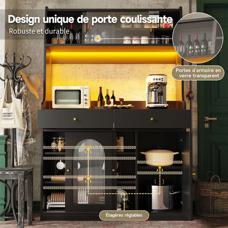 Alcoholometrical Buffet Haut 120x40x180 cm Noir avec LED, Vitrine Moderne en MDF, Rangement Cuisine avec Étagères Réglables et 2 Tiroirs