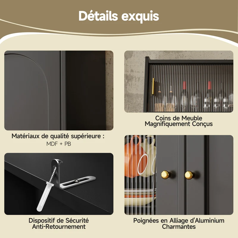 Alcoholometrical Buffet Haut 120x40x180 cm Noir avec LED, Vitrine Moderne en MDF, Rangement Cuisine avec Étagères Réglables et 2 Tiroirs