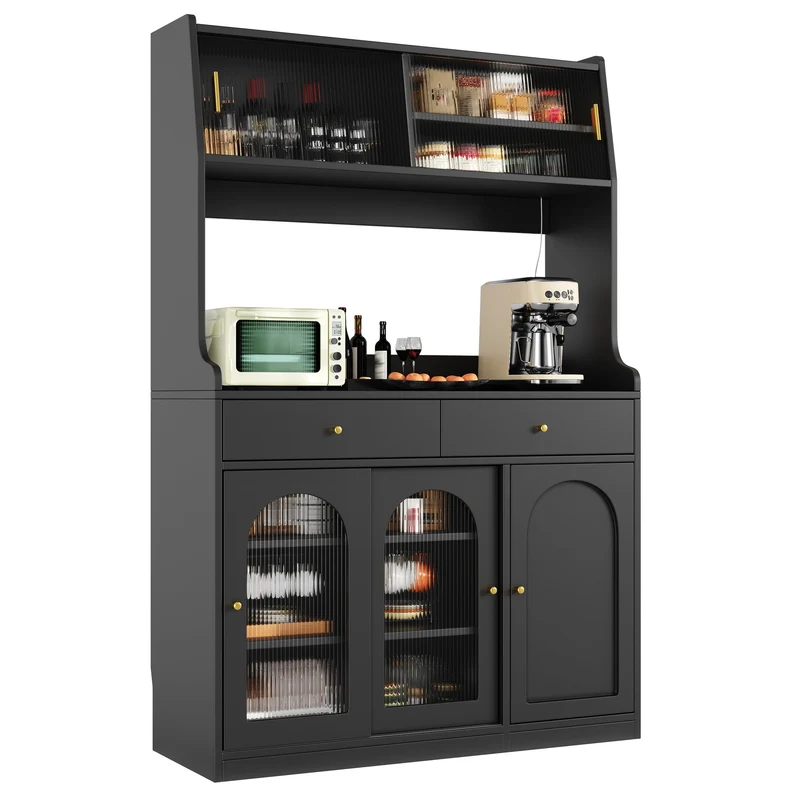 Alcoholometrical Buffet Haut 120x40x180 cm Noir avec LED, Vitrine Moderne en MDF, Rangement Cuisine avec Étagères Réglables et 2 Tiroirs