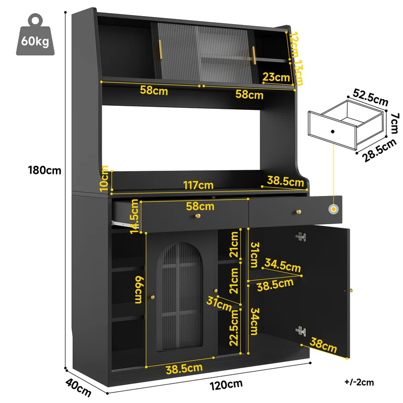 Alcoholometrical Buffet Haut 120x40x180 cm Noir avec LED, Vitrine Moderne en MDF, Rangement Cuisine avec Étagères Réglables et 2 Tiroirs