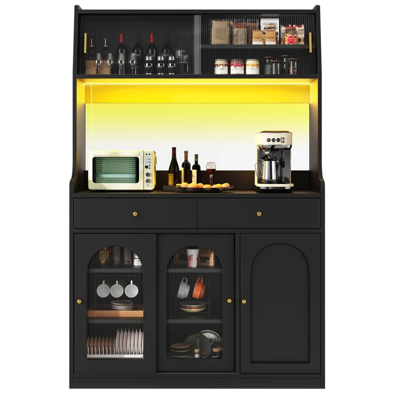 Alcoholometrical Buffet Haut 120x40x180 cm Noir avec LED, Vitrine Moderne en MDF, Rangement Cuisine avec Étagères Réglables et 2 Tiroirs