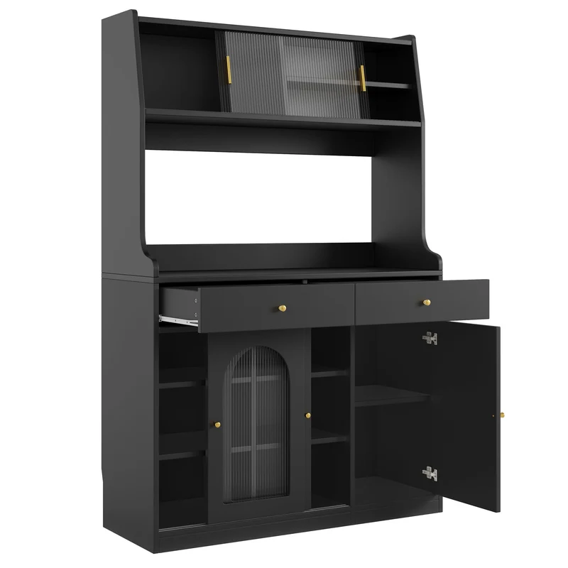 Alcoholometrical Buffet Haut 120x40x180 cm Noir avec LED, Vitrine Moderne en MDF, Rangement Cuisine avec Étagères Réglables et 2 Tiroirs