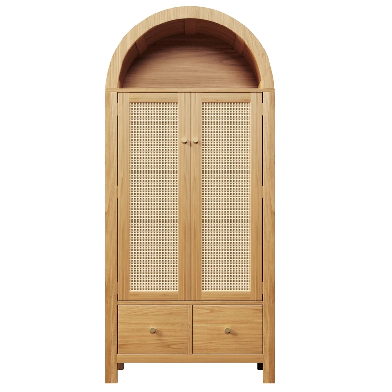 Uneccentrically Armoire 181x78x45 cm en bois chêne avec portes en rotin, style campagne, 2 tiroirs et penderie
