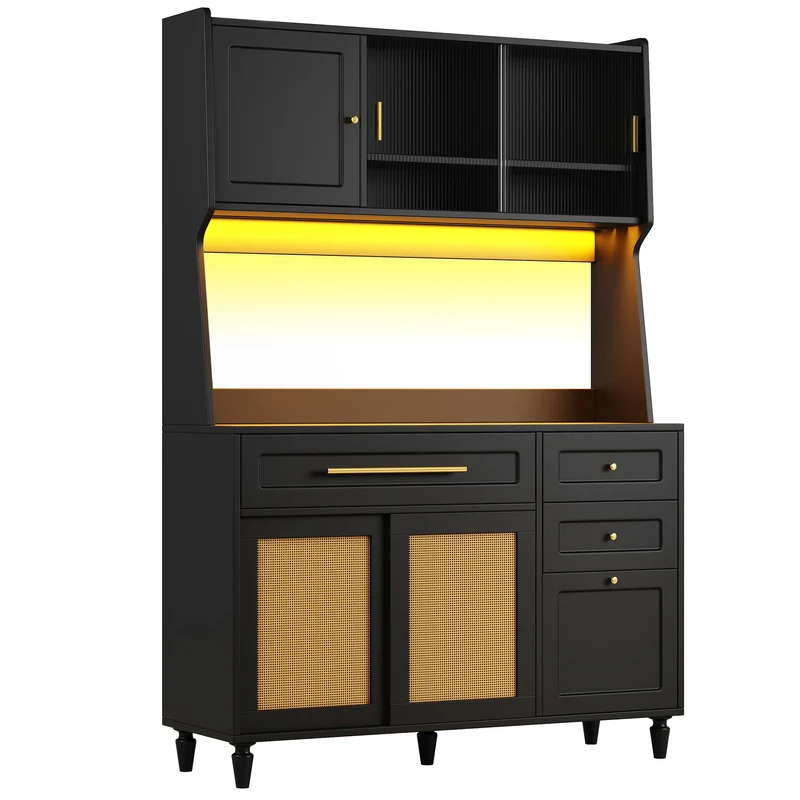 Chrysamine Buffet Haut de Cuisine 120x45x195,5 cm Noir en MDF & Rotin, LED, 3 Tiroirs, Vitrine Moderne