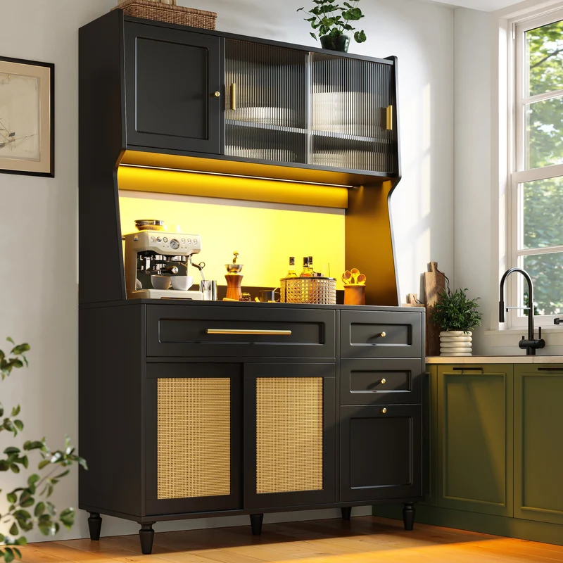 Chrysamine Buffet Haut de Cuisine 120x45x195,5 cm Noir en MDF & Rotin, LED, 3 Tiroirs, Vitrine Moderne