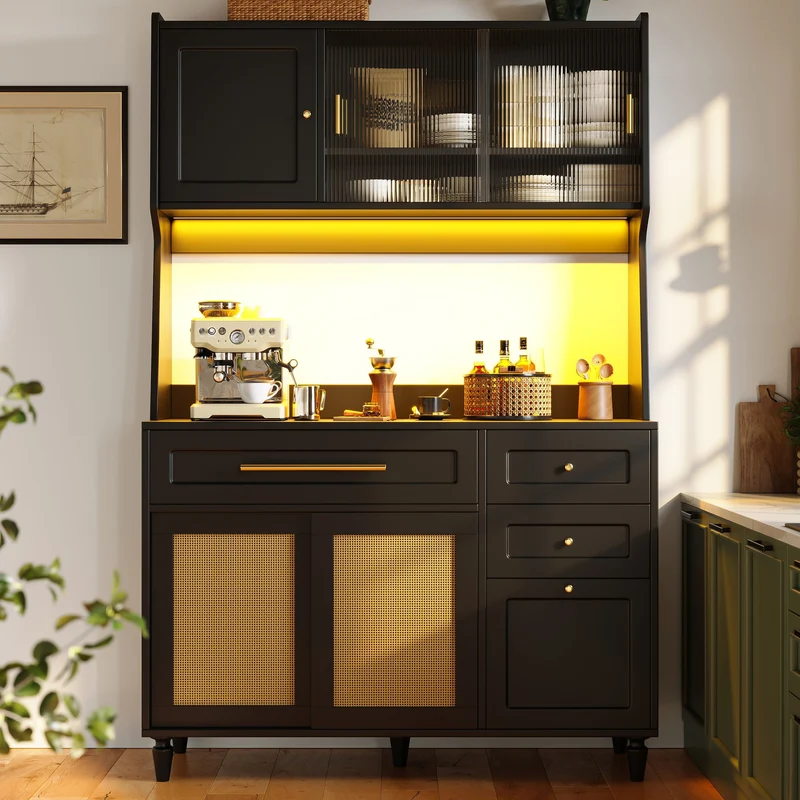 Chrysamine Buffet Haut de Cuisine 120x45x195,5 cm Noir en MDF & Rotin, LED, 3 Tiroirs, Vitrine Moderne