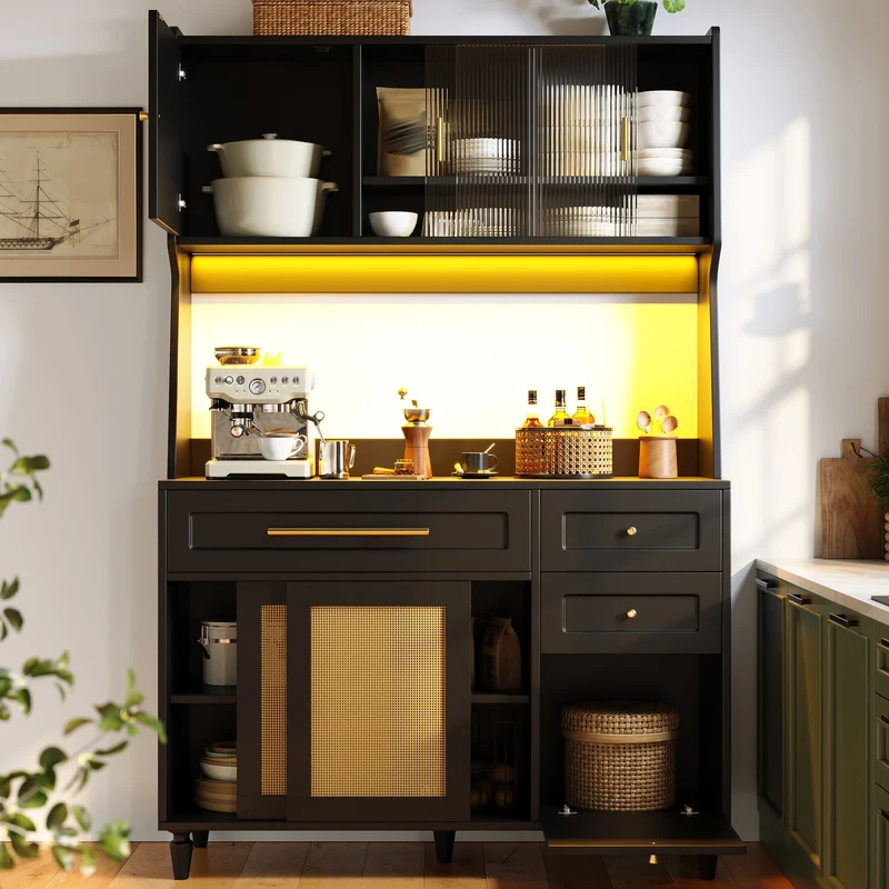 Chrysamine Buffet Haut de Cuisine 120x45x195,5 cm Noir en MDF & Rotin, LED, 3 Tiroirs, Vitrine Moderne