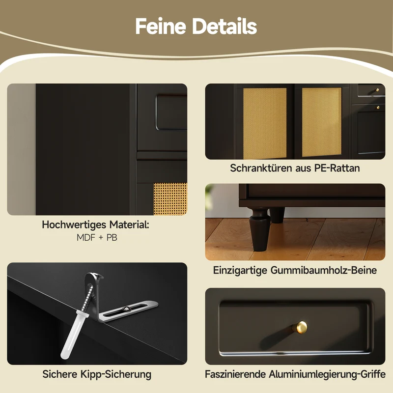 Chrysamine Buffet Haut de Cuisine 120x45x195,5 cm Noir en MDF & Rotin, LED, 3 Tiroirs, Vitrine Moderne
