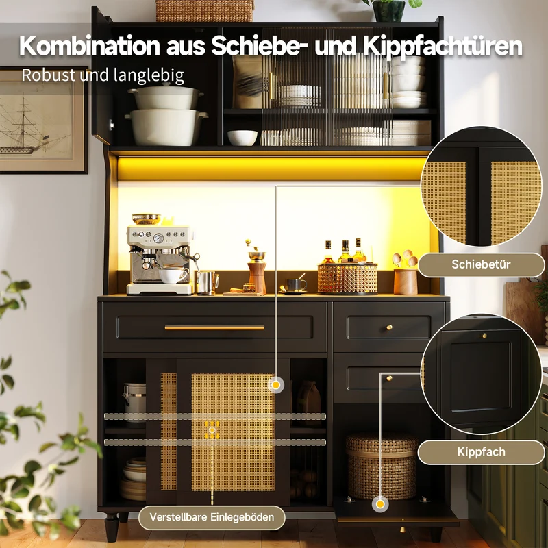 Chrysamine Buffet Haut de Cuisine 120x45x195,5 cm Noir en MDF & Rotin, LED, 3 Tiroirs, Vitrine Moderne