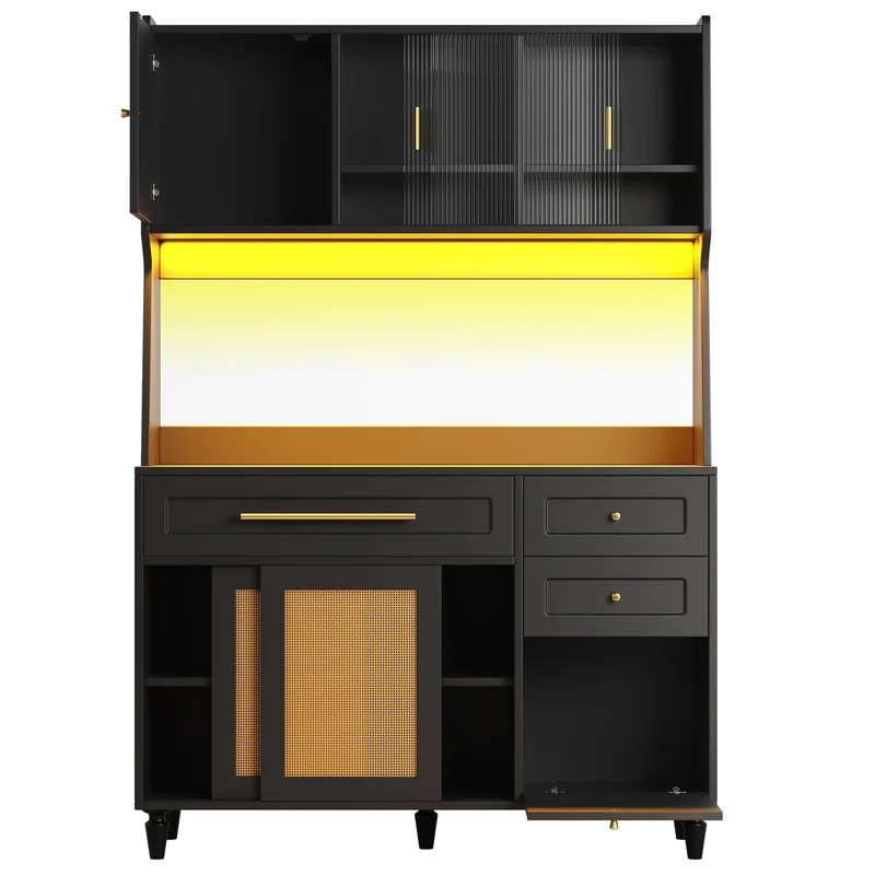 Chrysamine Buffet Haut de Cuisine 120x45x195,5 cm Noir en MDF & Rotin, LED, 3 Tiroirs, Vitrine Moderne