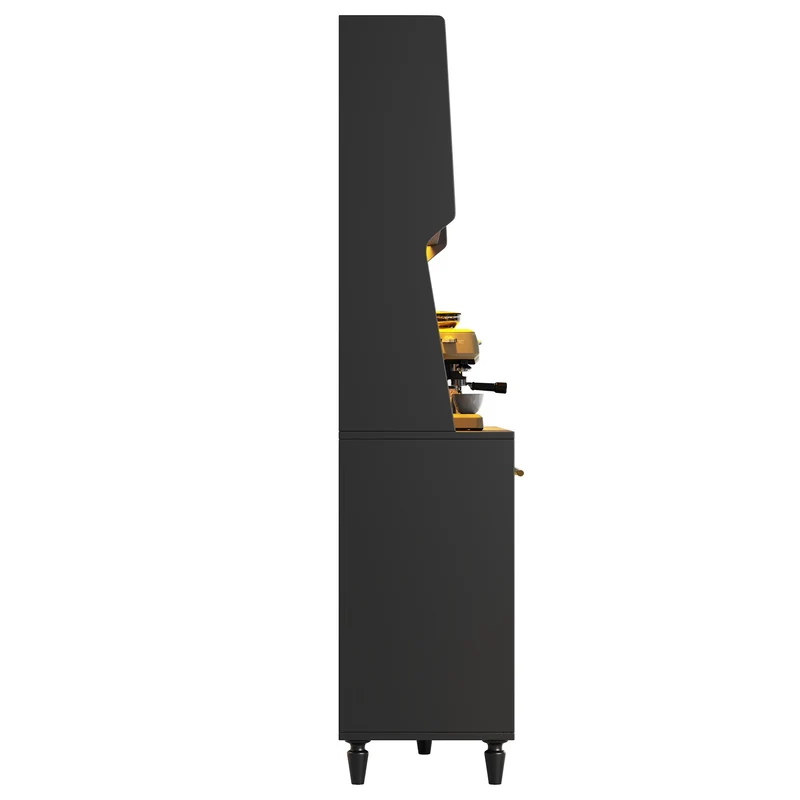 Chrysamine Buffet Haut de Cuisine 120x45x195,5 cm Noir en MDF & Rotin, LED, 3 Tiroirs, Vitrine Moderne