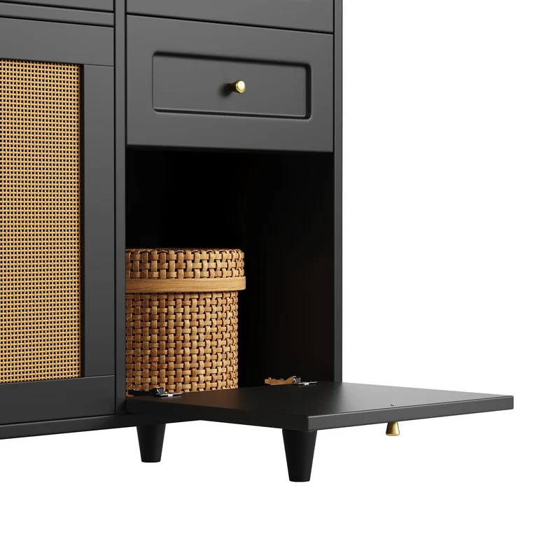 Chrysamine Buffet Haut de Cuisine 120x45x195,5 cm Noir en MDF & Rotin, LED, 3 Tiroirs, Vitrine Moderne
