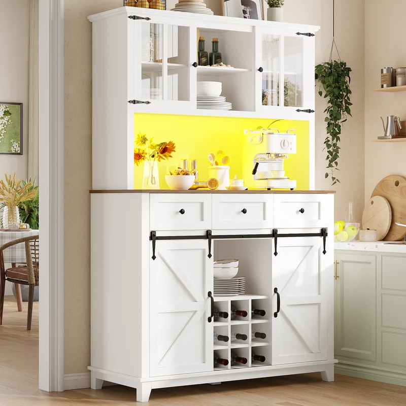 Shippons Buffet de cuisine 105x38,4x180cm blanc – Armoire haute avec LED, style farmhouse, étagères réglables, vitrine moderne